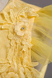 Robe de fille jaune à col bateau en tulle avec Appliques