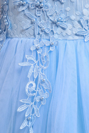 Robes de filles bleues perlées de tulle avec appliques