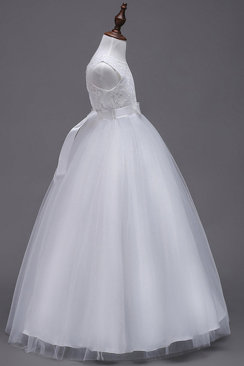 Charger l&#39;image dans la galerie, A-ligne Tulle Blanc Filles Robes avec nœud