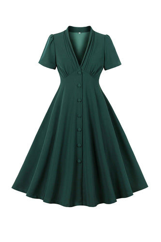 Robe verte à col V profond des années 50 à manches courtes