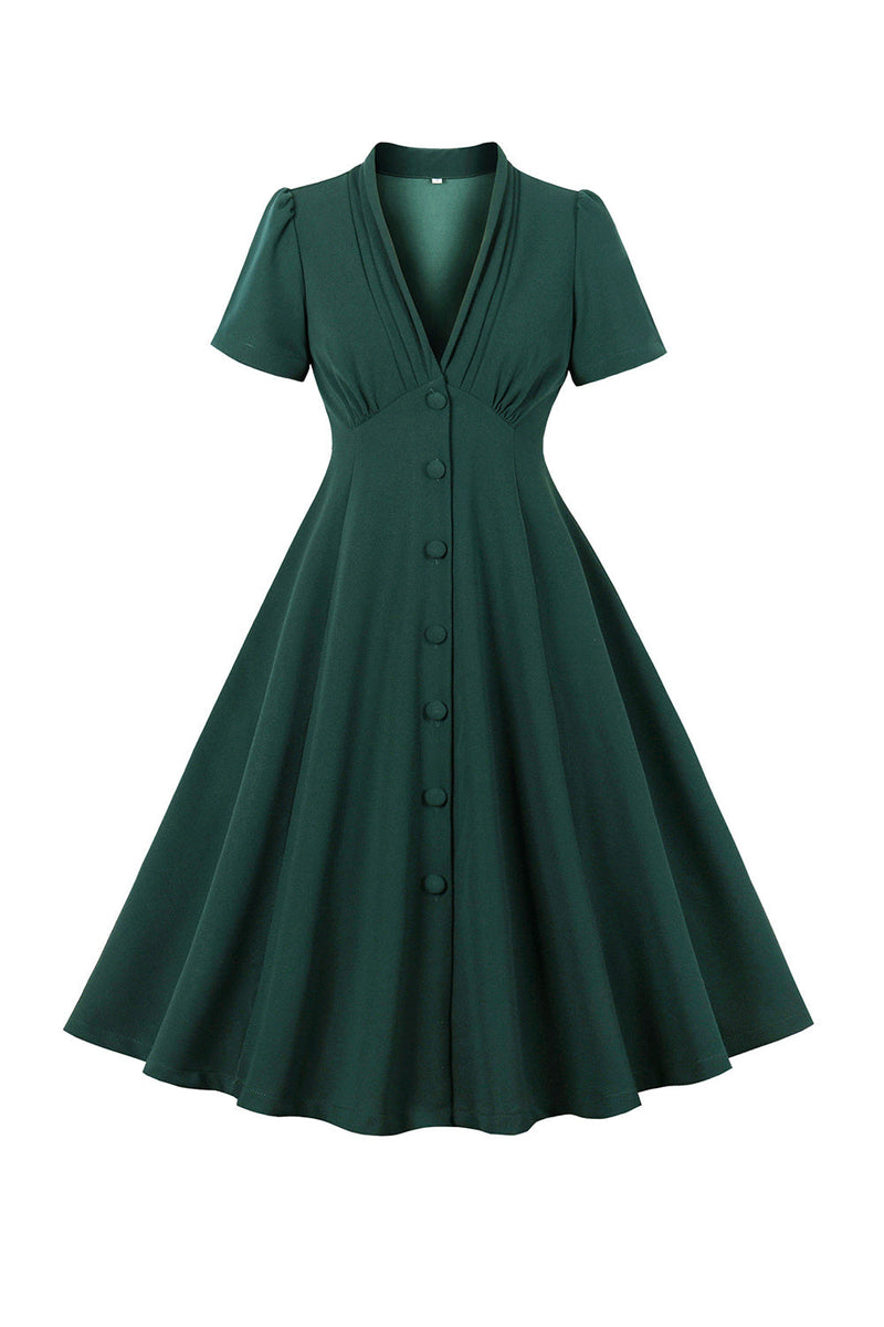 Charger l&#39;image dans la galerie, Robe verte à col V profond des années 50 à manches courtes