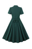 Charger l&#39;image dans la galerie, Robe verte à col V profond des années 50 à manches courtes