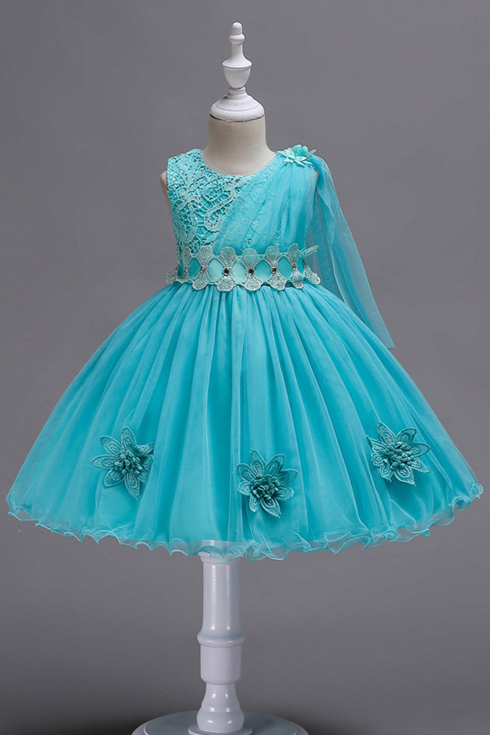 Robes de soirée bleues A Line Bowknot pour filles avec des fleurs 3D