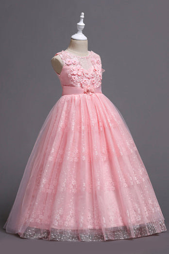 Robes roses à col rond pour filles avec des fleurs 3D
