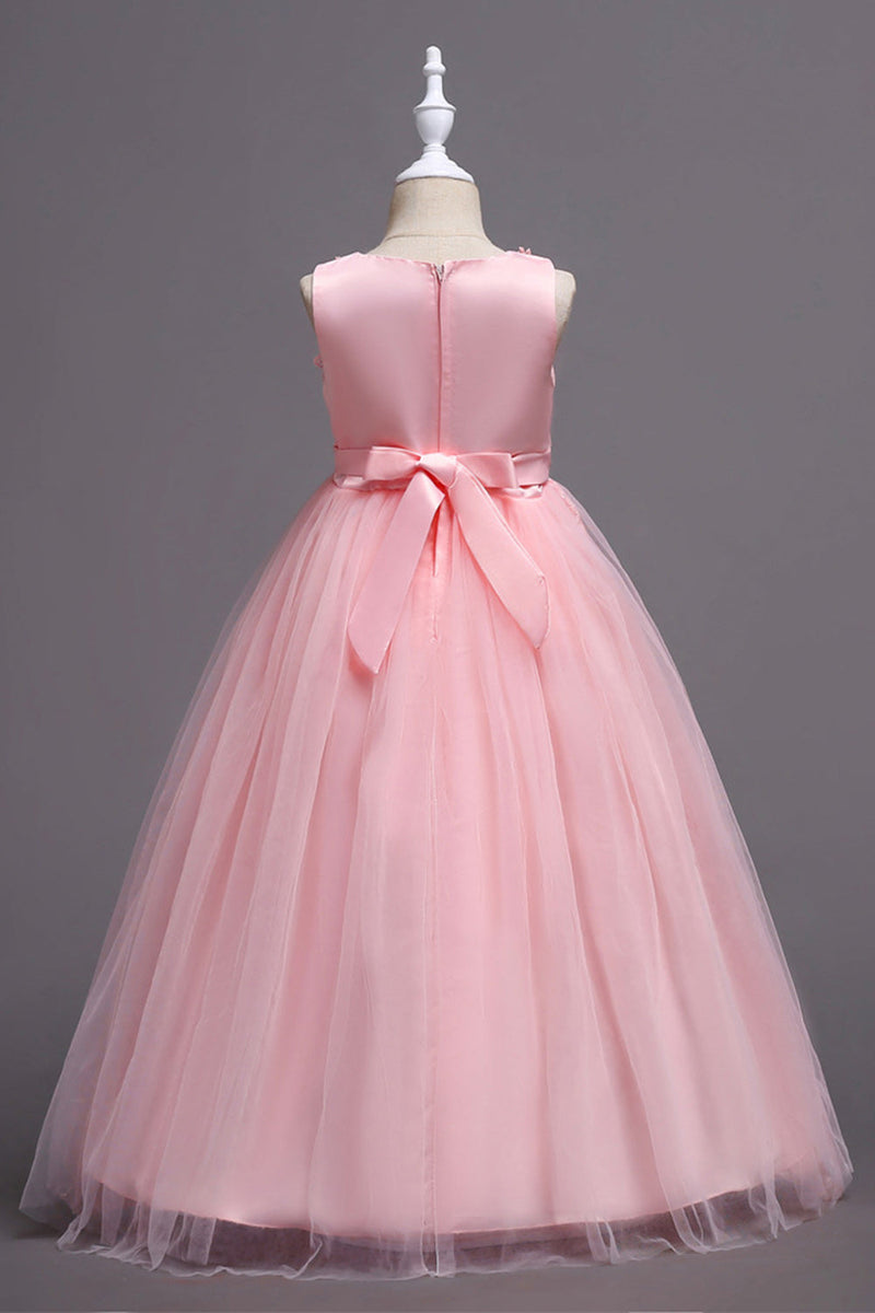 Charger l&#39;image dans la galerie, Robes roses à col rond pour filles avec des fleurs 3D