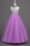 Robe fille violette en tulle ligne A avec dentelle