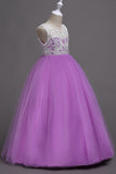 Robe fille violette en tulle ligne A avec dentelle