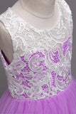 Robe fille violette en tulle ligne A avec dentelle