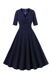 Navy Half Sleeves V Neck 1950s Robe