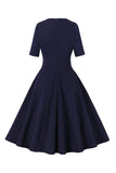 Navy Half Sleeves V Neck 1950s Robe