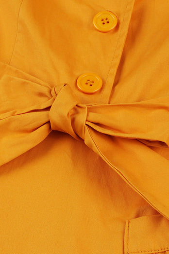 Robe vintage à col V à col V jaune à manches courtes