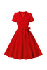 Charger l&#39;image dans la galerie, Red V Col Bowknot Manches Courtes Robe Retro Swing