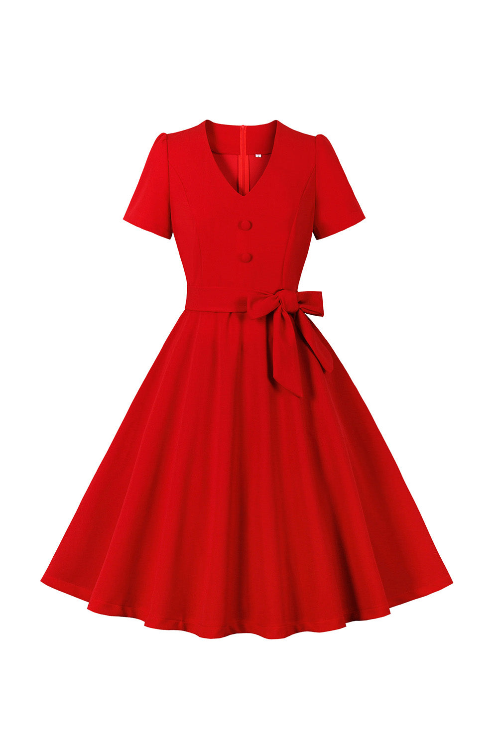 Red V Col Bowknot Manches Courtes Robe Retro Swing