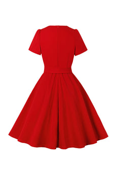 Red V Col Bowknot Manches Courtes Robe Retro Swing