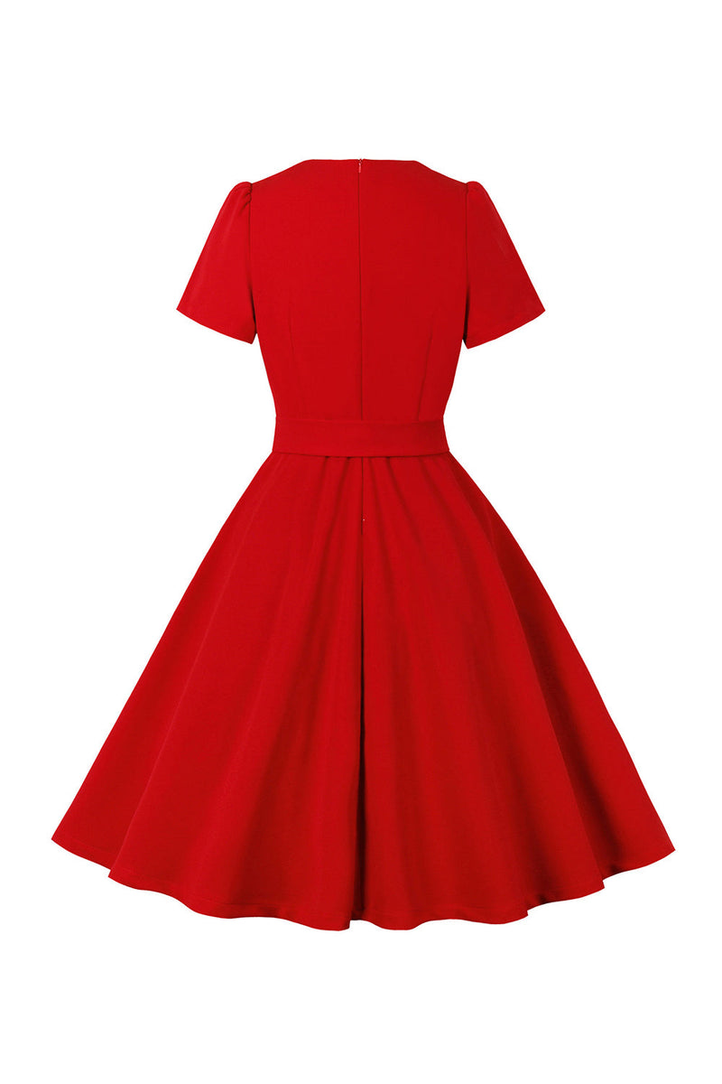 Charger l&#39;image dans la galerie, Red V Col Bowknot Manches Courtes Robe Retro Swing
