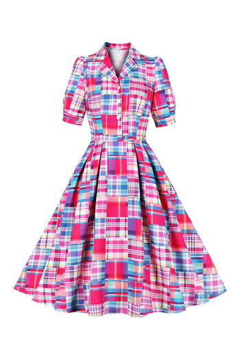Bouton Rose Demi-Manches Robe à carreaux des années 50