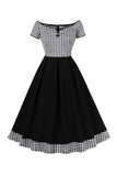 Robe vintage à carreaux noir à l’épaule à manches courtes