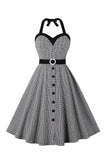 Robe noire Halter Plaid Bouton Sans manches 1950s