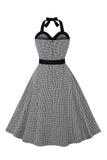 Robe noire Halter Plaid Bouton Sans manches 1950s