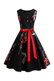 Robe vintage swing imprimée sans manches noire