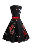 Robe vintage swing imprimée sans manches noire