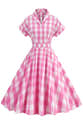 Robe Vintage Années 50 - Tricotée, Manches Courtes, Imprimé - Col V, Ceinture - Couleur Rose Vieilli - Longueur Genou - 7