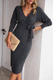 Robe décontractée à manches longues vertes col en V