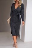 Robe décontractée à manches longues vertes col en V