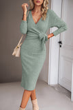Robe décontractée à manches longues vertes col en V