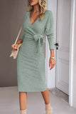 Robe décontractée à manches longues vertes col en V