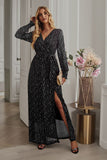 Black Polka Dots Manches Longues V-Neck Robe décontractée avec fente