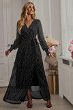 Black Polka Dots Manches Longues V-Neck Robe décontractée avec fente