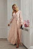 Black Polka Dots Manches Longues V-Neck Robe décontractée avec fente