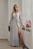 Black Polka Dots Manches Longues V-Neck Robe décontractée avec fente