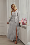Black Polka Dots Manches Longues V-Neck Robe décontractée avec fente