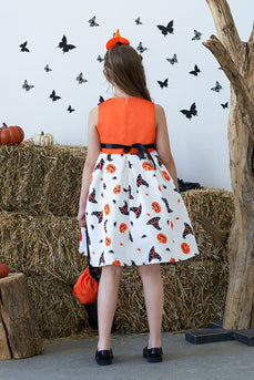 Orange imprimé col rond Halloween robe de fille avec nœud