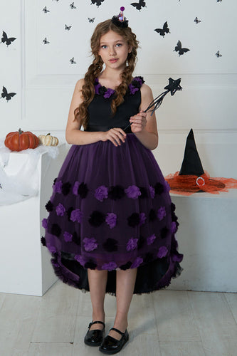 Robe de fille d’Halloween en tulle haut tulle bas violet foncé avec fleur 3D