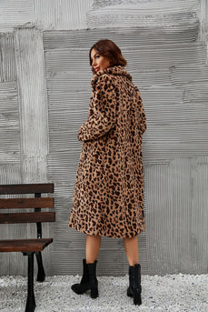 Brown Leopard imprimé fausse fourrure Long Manteau de femme