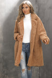 Camel Notched Lapel Long Fausse Fourrure Femmes Manteau