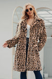 Revers marron à crans Léopard imprimé Long Femmes Manteau en fausse fourrure