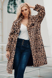Revers marron à crans Léopard imprimé Long Femmes Manteau en fausse fourrure
