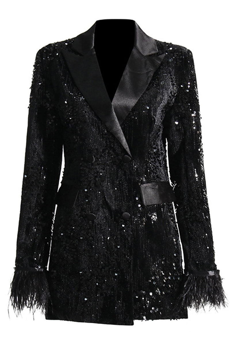 Charger l&#39;image dans la galerie, Revers noir scintillant Paillettes Femmes Blazer avec plumes