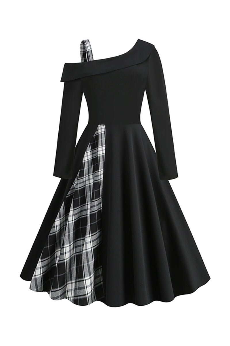 Charger l&#39;image dans la galerie, Style rétro une épaule noir à carreaux robe des années 50