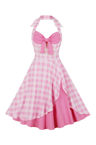 Styles rétro une ligne dos nu col rose à carreaux robe des années 50