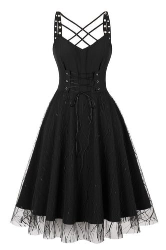 Vintage à lacets bretelles croisées noir robe d’Halloween