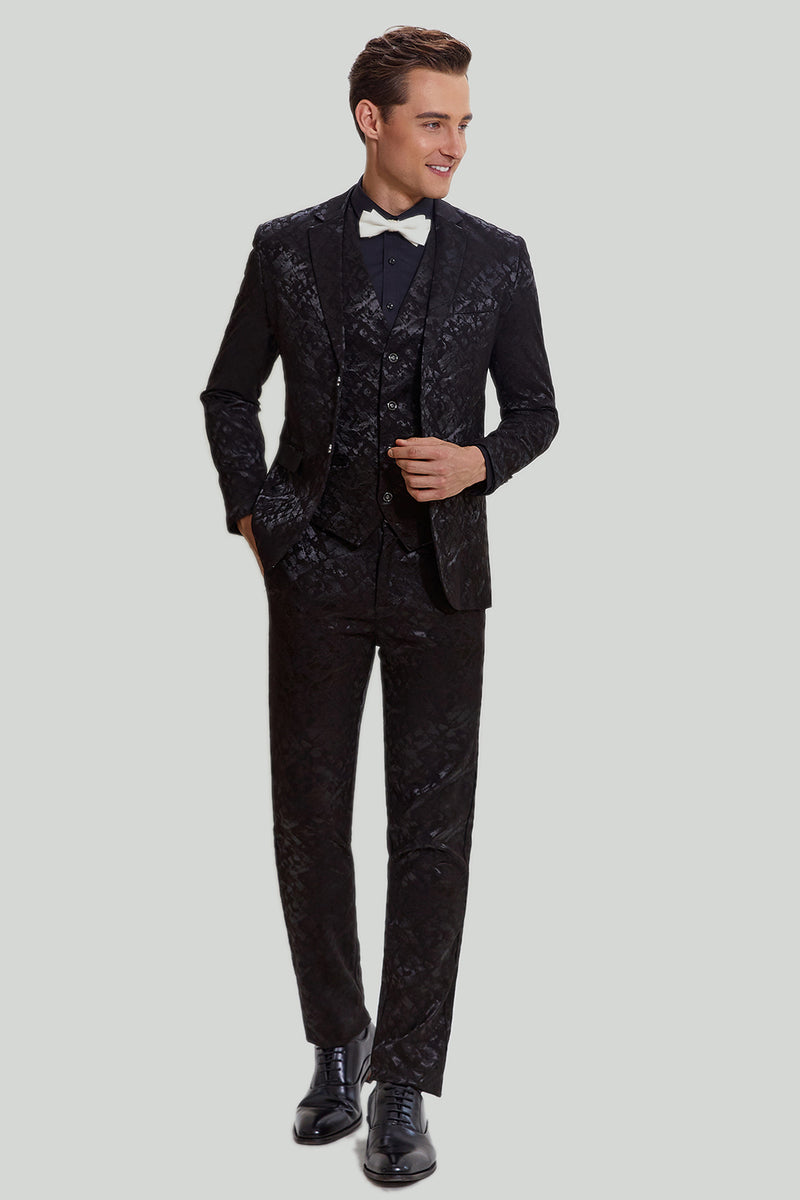 Charger l&#39;image dans la galerie, Homme Noir 3 pièces Jacquard Veste Pantalon Costume