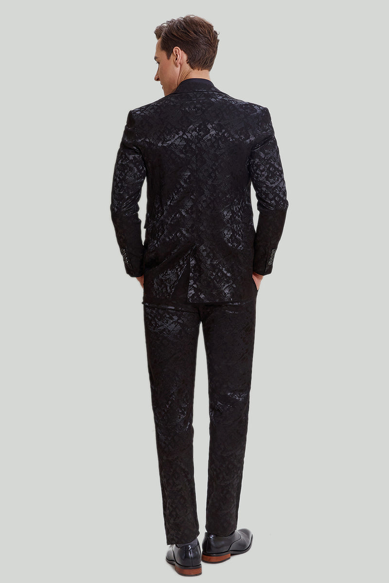 Charger l&#39;image dans la galerie, Homme Noir 3 pièces Jacquard Veste Pantalon Costume