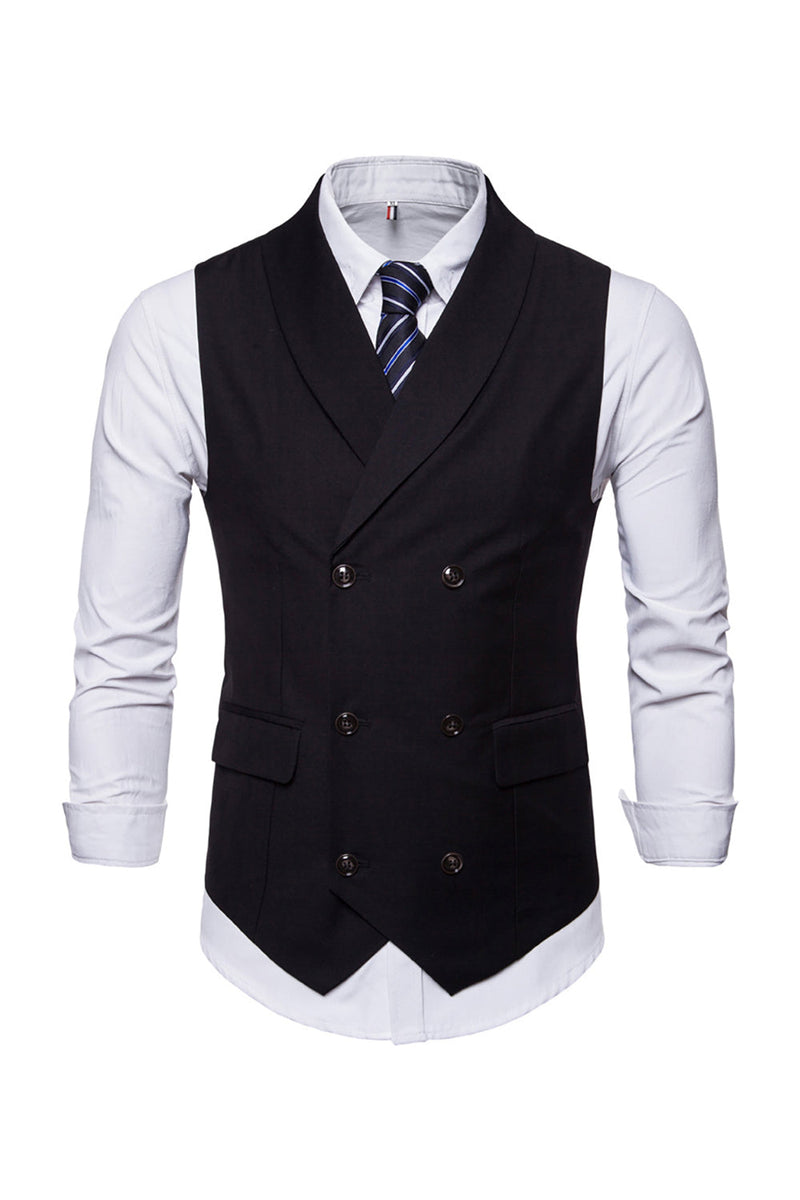 Charger l&#39;image dans la galerie, Châle à poitrine unique noir Revers Homme Gilet avec chemises Ensemble d’accessoires