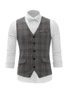 Châle à carreaux gris Revers Gilet pour homme avec ensemble d’accessoires de chemise
