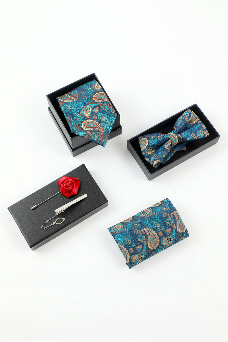 Charger l&#39;image dans la galerie, Lake Blue Jacquard Homme 5 pièces Accessoire Set Cravate et Nœud Papillon Poche Carré Fleur Revers Pin Cravate Clip